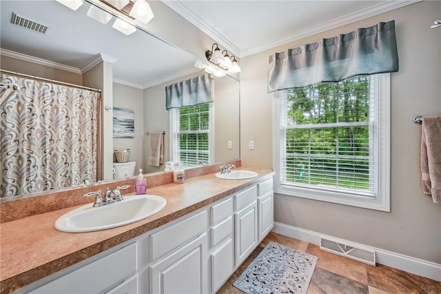 2104 Pierce Bluffs Dr, Hermitage, PA 16148 - full bathroom featuring double vanity, baseboards, crown molding, and toilet