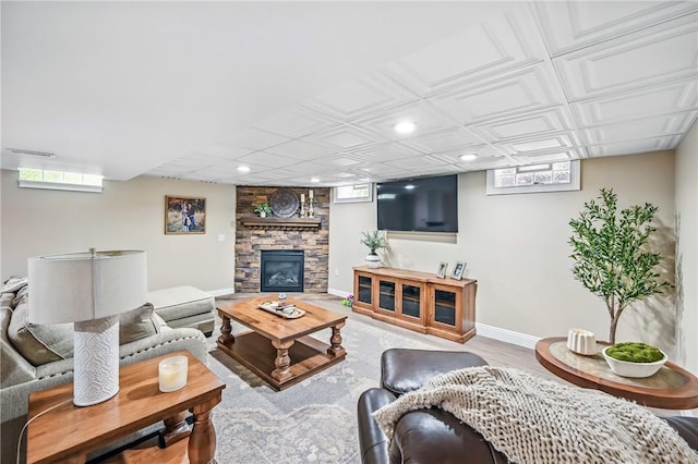 2104 Pierce Bluffs Dr, Hermitage, PA 16148 - living area with recessed lighting, baseboards, a fireplace, and wood finished floors