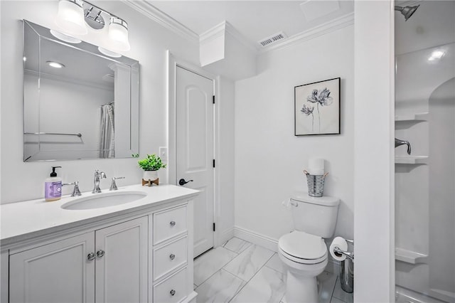 2104 Pierce Bluffs Dr, Hermitage, PA 16148 - full bathroom featuring ornamental molding, vanity, marble look tiles, toilet, and baseboards