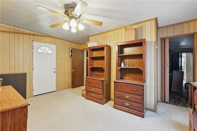 310 Main St, Belle Vernon Fay, PA 15012 - entrance foyer with wood walls, light carpet, a ceiling fan, and vaulted ceiling