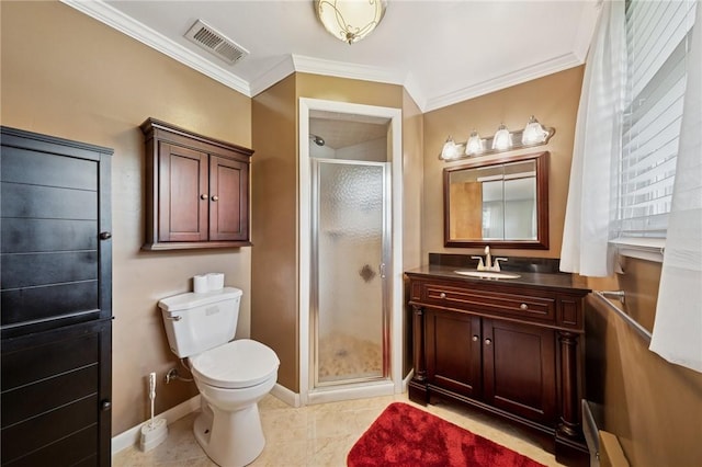 954 Illinois Ave, Braddock Hills, PA 15221 - full bathroom with a stall shower, vanity, toilet, crown molding, and baseboards