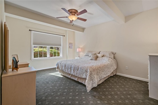 361 Patriot Ln, Economy, PA 15042 - bedroom with dark carpet, baseboards, beamed ceiling, and ceiling fan
