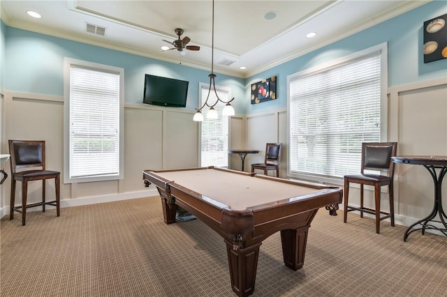 361 Patriot Ln, Economy, PA 15042 - playroom featuring carpet floors, ornamental molding, a ceiling fan, a decorative wall, and billiards table