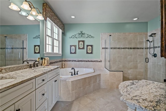 361 Patriot Ln, Economy, PA 15042 - bathroom with a garden tub, tile patterned flooring, a shower stall, and double vanity