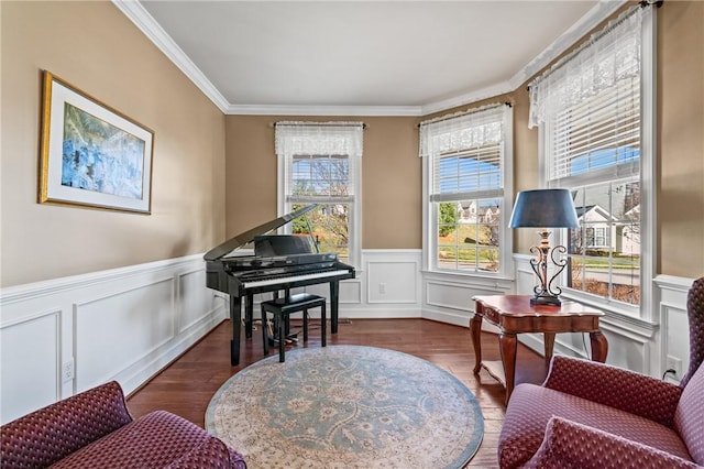 361 Patriot Ln, Economy, PA 15042 - living area featuring ornamental molding, wood finished floors, wainscoting, and a decorative wall