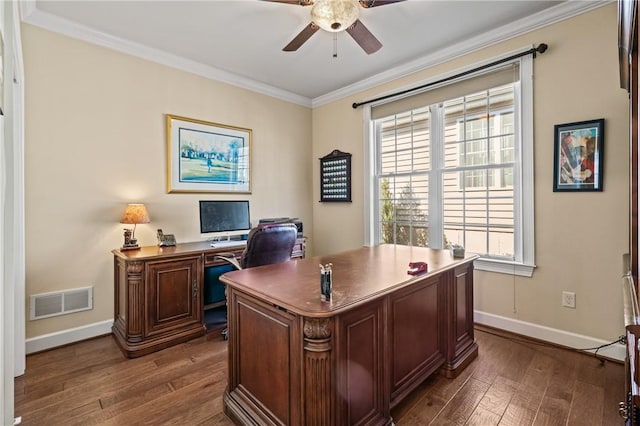 361 Patriot Ln, Economy, PA 15042 - home office with a ceiling fan, dark wood finished floors, crown molding, and baseboards