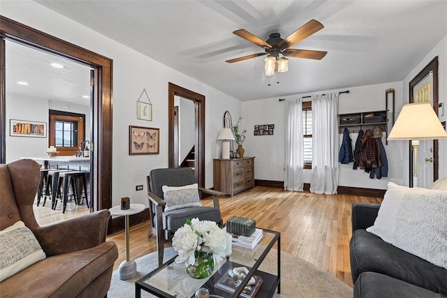 952 Jackman Ave, Avalon, PA 15202 - living room featuring ceiling fan, light wood-type flooring, stairs, baseboards, and recessed lighting