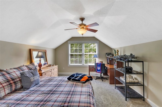104 Southridge Dr, Cranberry Twp, PA 16066 - carpeted bedroom with vaulted ceiling, baseboards, ceiling fan, and a textured ceiling