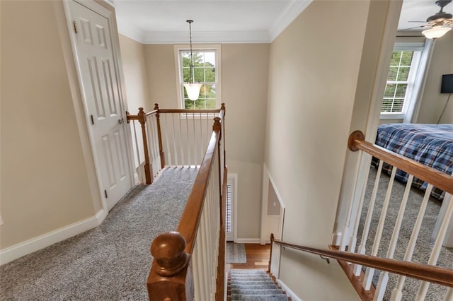 104 Southridge Dr, Cranberry Twp, PA 16066 - staircase featuring healthy amount of natural light, baseboards, crown molding, and ceiling fan