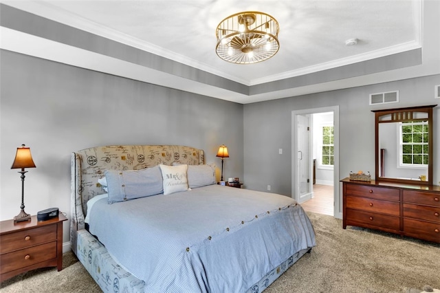 104 Southridge Dr, Cranberry Twp, PA 16066 - carpeted bedroom featuring a chandelier, baseboards, crown molding, and a raised ceiling