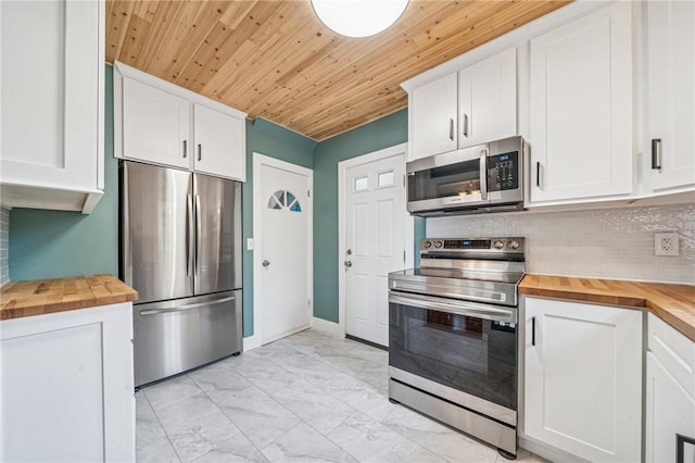 510 Central Ave E, Washington Boro, PA 15301 - kitchen featuring wooden counters, appliances with stainless steel finishes, light marble finish floors, tasteful backsplash, and wooden ceiling