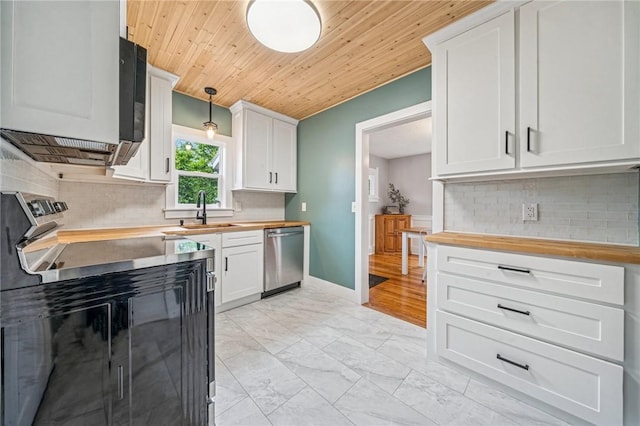 510 Central Ave E, Washington Boro, PA 15301 - kitchen with stainless steel dishwasher, wooden counters, range with electric cooktop, a sink, and light marble finish flooring