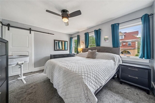 510 Central Ave E, Washington Boro, PA 15301 - bedroom with carpet flooring, a barn door, and a ceiling fan