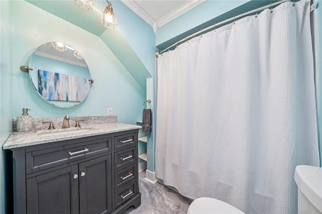 510 Central Ave E, Washington Boro, PA 15301 - bathroom featuring toilet, crown molding, vanity, and shower / bathtub combination with curtain
