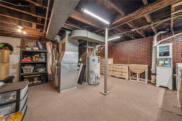 510 Central Ave E, Washington Boro, PA 15301 - unfinished below grade area with brick wall, water heater, carpet flooring, and heating unit
