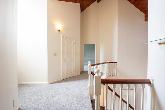 302 Shutt Rd, Hempfield Twp Wml, PA 15601 - corridor with an upstairs landing, wood ceiling, high vaulted ceiling, carpet flooring, and baseboards