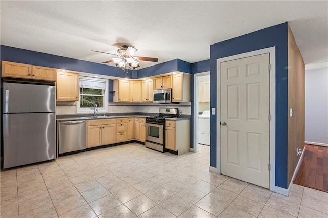 547 Mercer Rd, Twp Of But Ne, PA 16001 - kitchen with appliances with stainless steel finishes, light brown cabinets, a sink, dark countertops, and ceiling fan