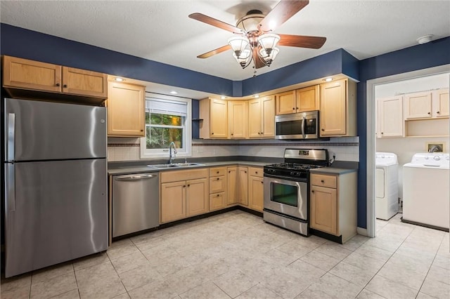 547 Mercer Rd, Twp Of But Ne, PA 16001 - kitchen with appliances with stainless steel finishes, washer and dryer, a sink, a ceiling fan, and backsplash