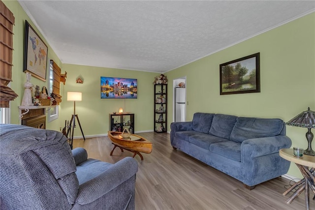 125 Spruce St, Brighton Twp, PA 15009 - living room featuring wood finished floors, a textured ceiling, ornamental molding, and baseboards