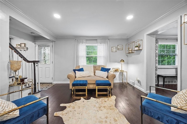 330 Earlwood Rd, Penn Hills, PA 15235 - living room featuring wood-type flooring, baseboards, recessed lighting, stairs, and crown molding