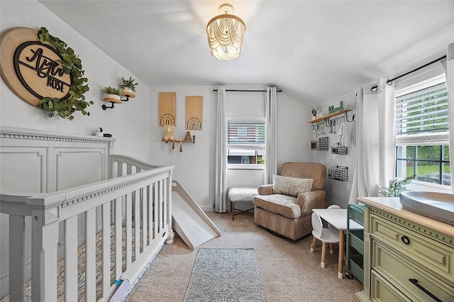 330 Earlwood Rd, Penn Hills, PA 15235 - bedroom featuring vaulted ceiling, a chandelier, light carpet, and a crib