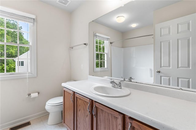 117 Trailside Ct, North Fayette, PA 15108 - full bath with vanity, baseboards, toilet, a shower, and tile patterned floors
