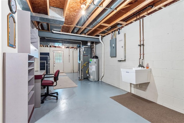 117 Trailside Ct, North Fayette, PA 15108 - below grade area featuring gas water heater, electric panel, heating unit, concrete block wall, and a sink