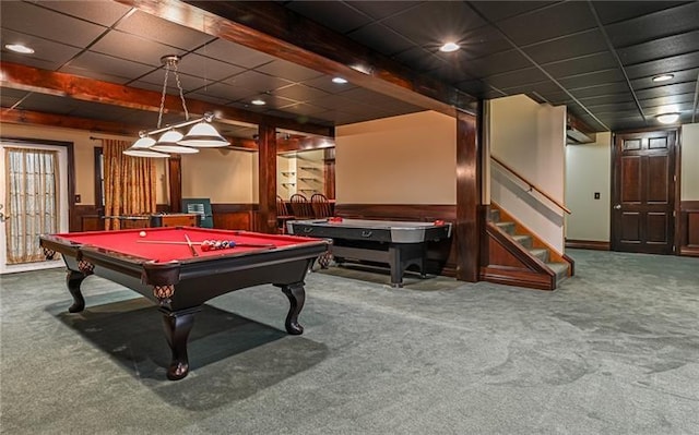 103 Mcdonnell Ln, Middlesex Twp, PA 16002 - game room with billiards, carpet floors, a paneled ceiling, a wainscoted wall, and recessed lighting