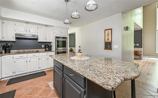 133 Miller Rd, Clinton Twp, PA 16055 - kitchen featuring stainless steel double oven, white cabinetry, under cabinet range hood, light stone counters, and decorative light fixtures