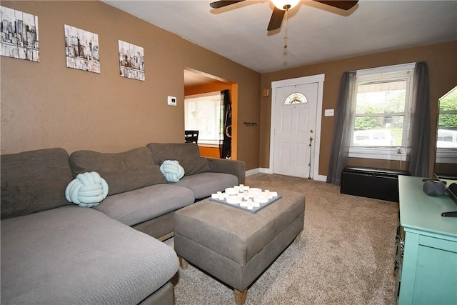1312 Kelton Ave, Dormont, PA 15216 - living room with ceiling fan, carpet floors, healthy amount of natural light, and baseboards