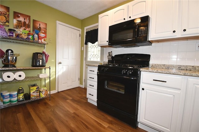 1312 Kelton Ave, Dormont, PA 15216 - kitchen featuring black appliances, backsplash, white cabinetry, dark wood-type flooring, and light stone counters
