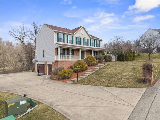 115 Tartan Dr, Hempfield Twp Wml, PA 15601 - view of front of house featuring a garage, brick siding, a porch, driveway, and stairs