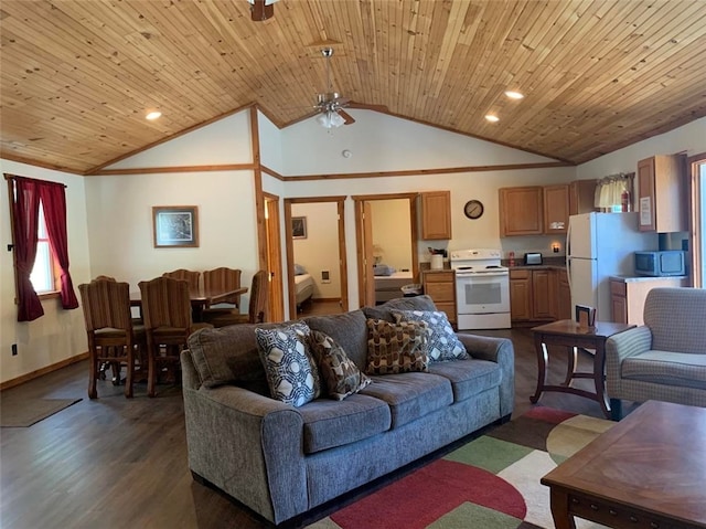 1997 Rock Hill Rd, Benezette, PA 15868 - living area with ceiling fan, lofted ceiling, dark wood-type flooring, baseboards, and wood ceiling