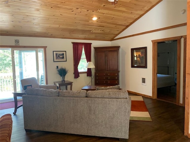 1997 Rock Hill Rd, Benezette, PA 15868 - living room with lofted ceiling, wooden ceiling, baseboards, and dark wood finished floors