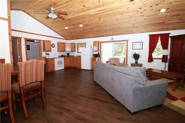 1997 Rock Hill Rd, Benezette, PA 15868 - living room featuring a ceiling fan, wood ceiling, dark wood finished floors, and high vaulted ceiling