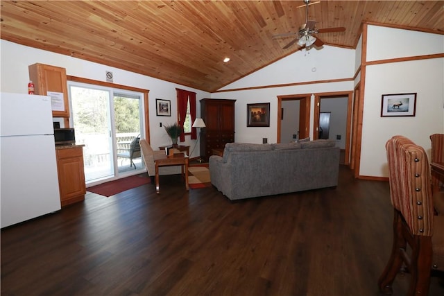 1997 Rock Hill Rd, Benezette, PA 15868 - living area with wooden ceiling, ceiling fan, dark wood-style flooring, and high vaulted ceiling