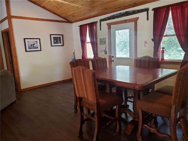 1997 Rock Hill Rd, Benezette, PA 15868 - dining space with wooden ceiling, lofted ceiling, baseboards, and wood finished floors