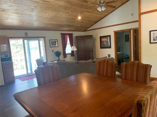 1997 Rock Hill Rd, Benezette, PA 15868 - dining space with ceiling fan, wood ceiling, wood finished floors, and high vaulted ceiling