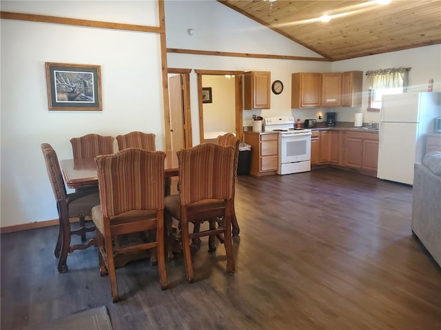 1997 Rock Hill Rd, Benezette, PA 15868 - dining space featuring wooden ceiling, dark wood-style floors, and high vaulted ceiling
