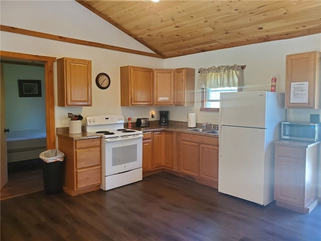 1997 Rock Hill Rd, Benezette, PA 15868 - kitchen featuring white appliances, wood ceiling, lofted ceiling, dark wood-type flooring, and a sink