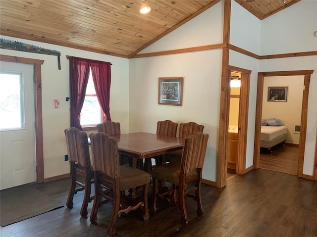 1997 Rock Hill Rd, Benezette, PA 15868 - dining area with wooden ceiling, vaulted ceiling, baseboards, healthy amount of natural light, and dark wood finished floors