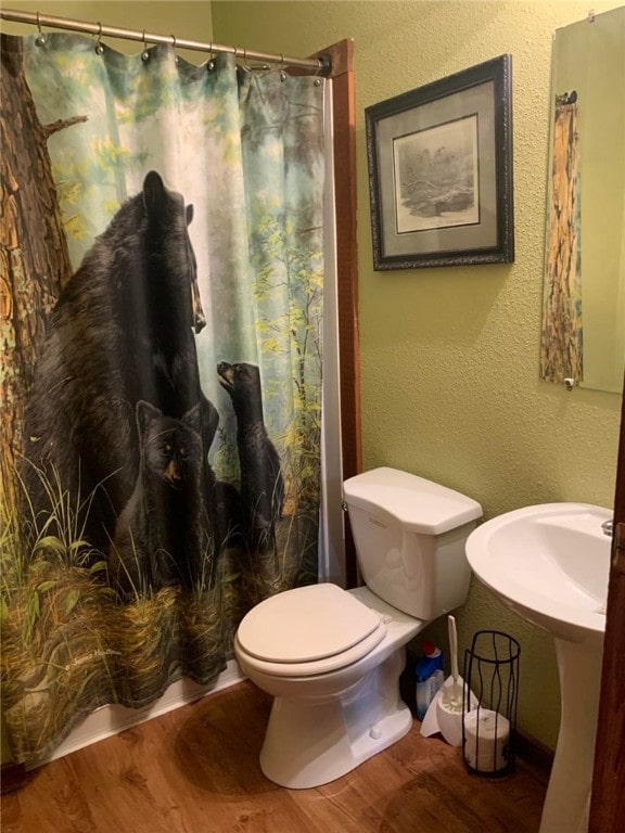 1997 Rock Hill Rd, Benezette, PA 15868 - full bath featuring wood finished floors, toilet, a textured wall, and a shower with curtain