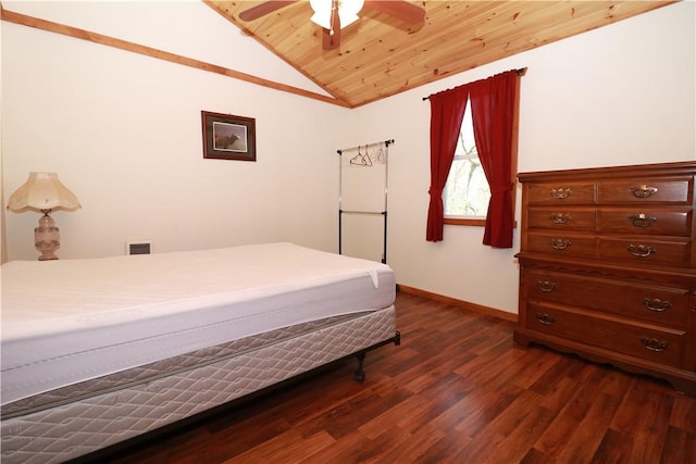 1997 Rock Hill Rd, Benezette, PA 15868 - bedroom with lofted ceiling, baseboards, dark wood-type flooring, wooden ceiling, and a ceiling fan