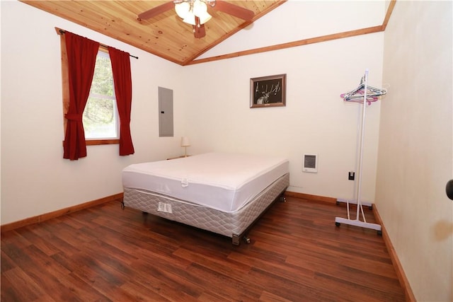 1997 Rock Hill Rd, Benezette, PA 15868 - bedroom with lofted ceiling, electric panel, baseboards, wood finished floors, and wood ceiling