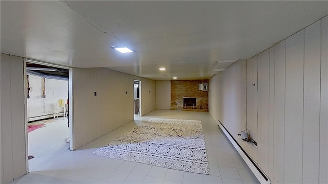 122 Burke Dr, Monroeville, PA 15146 - hall with a baseboard heating unit, a baseboard radiator, a wall mounted air conditioner, and wood walls