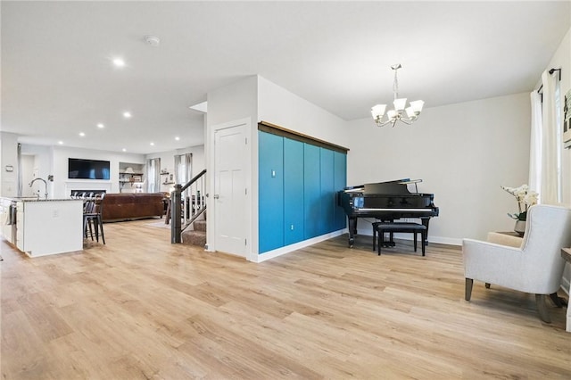 184 Bucktail Dr, Cranberry Twp, PA 16066 - living area featuring light wood-style floors, a chandelier, stairs, baseboards, and recessed lighting