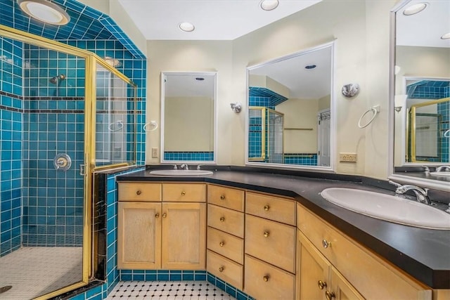 1167 Murray Hill Ave, Squirrel Hill, PA 15217 - bathroom with a shower stall, double vanity, and tile patterned floors