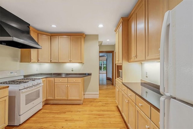 1167 Murray Hill Ave, Squirrel Hill, PA 15217 - kitchen featuring white appliances, ventilation hood, light wood-type flooring, recessed lighting, and light brown cabinetry