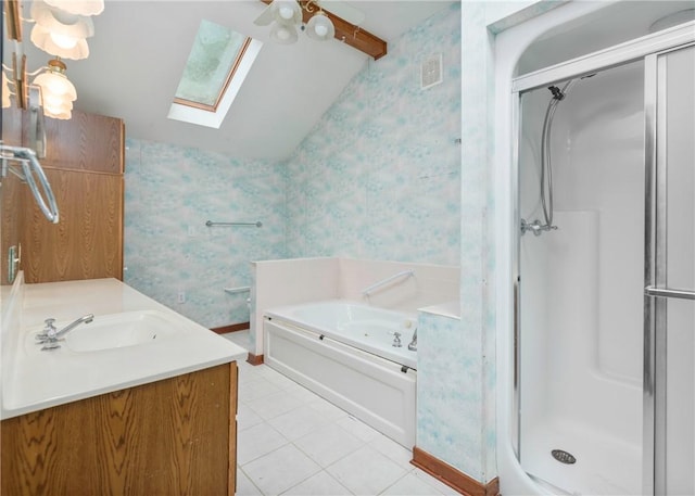 2555 Cole Rd, Marshall, PA 15090 - bathroom featuring lofted ceiling, wallpapered walls, a skylight, a garden tub, and a stall shower