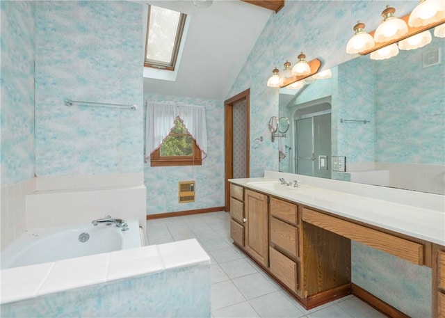 2555 Cole Rd, Marshall, PA 15090 - bathroom featuring lofted ceiling, wallpapered walls, tile patterned floors, vanity, and a bath
